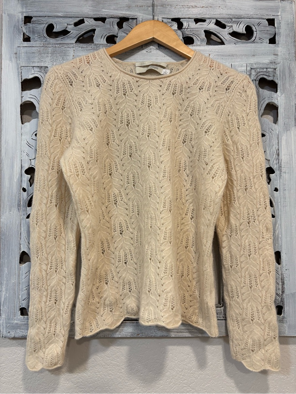 Vintage I. Magnin Cashmere Cream Intricate Pointelle Leaf Stitch Knit Sweater